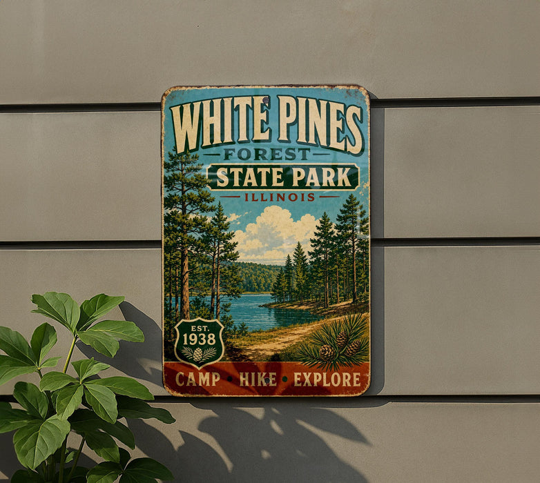 A vintage-style sign for White Pines State Park in Illinois, featuring a scenic illustration of pine trees and a lake.