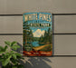 A vintage-style sign for White Pines State Park in Illinois, featuring a scenic illustration of pine trees and a lake.