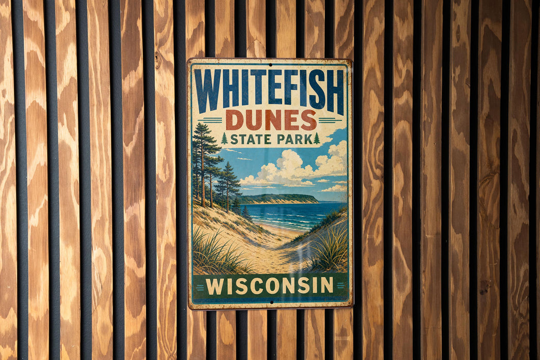 A vintage metal sign for Whitefish Dunes State Park in Wisconsin, featuring a scenic landscape with a beach, dunes, and a lake.