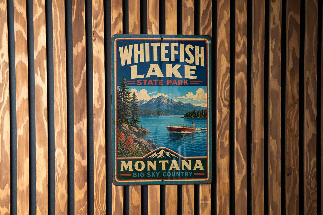 A vintage-style metal sign for Whitefish Lake State Park in Montana, featuring a scenic image of the lake and mountains.