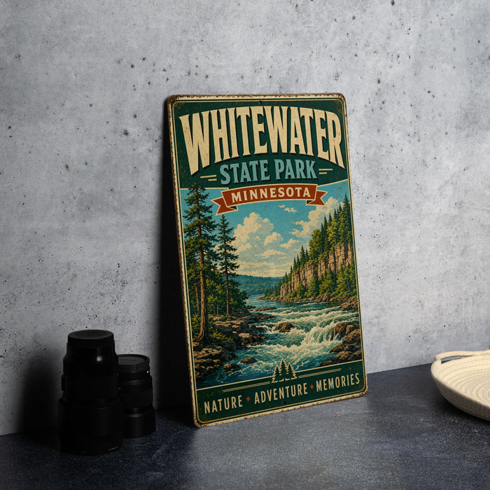 A vintage-style metal sign for Whitewater State Park in Minnesota, featuring a scenic illustration of a river and forest landscape.