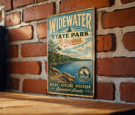 A vintage-style metal sign for Widewater State Park in Virginia, featuring a scenic landscape with a lake and mountains.