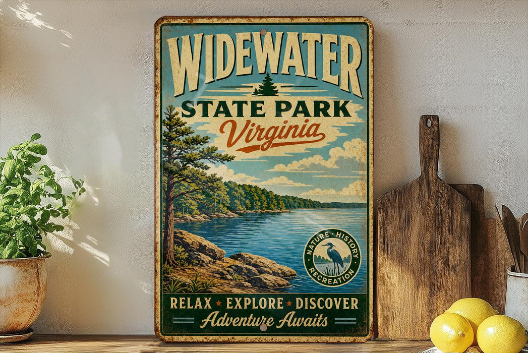 A vintage-style metal sign for Widewater State Park, Virginia, featuring a scenic landscape with a lake and mountains.