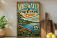 A vintage-style metal sign for Widewater State Park, Virginia, featuring a scenic landscape with a lake and mountains.