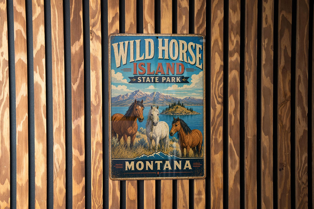 A vintage metal sign for Wild Horse Island State Park in Montana, featuring illustrations of horses and mountains.