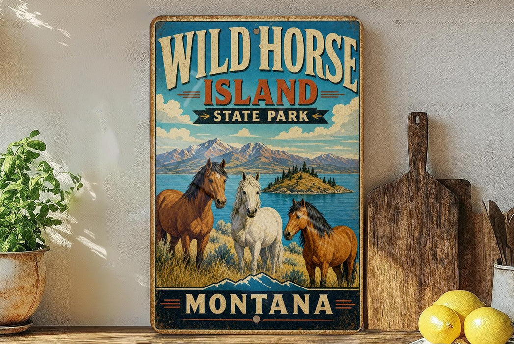 A vintage-style sign for Wild Horse Island State Park in Montana, featuring illustrations of three horses in a scenic landscape.