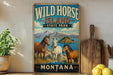 A vintage-style sign for Wild Horse Island State Park in Montana, featuring illustrations of three horses in a scenic landscape.