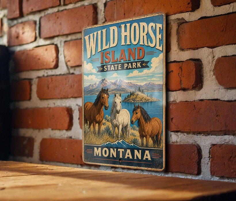 A vintage metal sign for Wild Horse Island State Park in Montana, featuring illustrations of three horses in a scenic landscape.