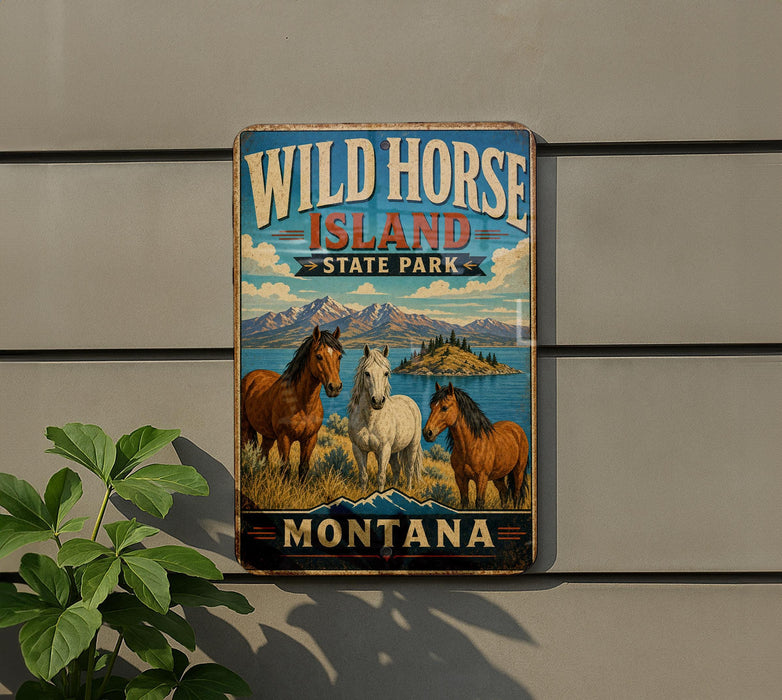 A vintage-style sign for Wild Horse Island State Park in Montana, featuring illustrations of three horses in a scenic landscape.