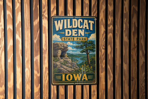 A vintage-style metal sign for Wildcat Den State Park in Iowa, featuring a scenic landscape with a rocky cliff, trees, and a river.