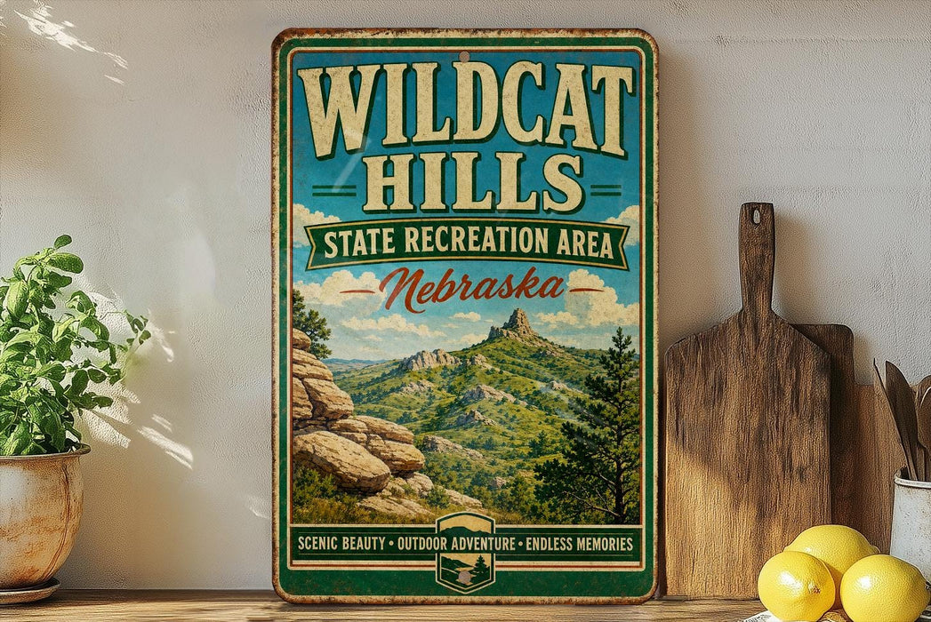 A vintage-style sign for Wildcat Hills, a state recreation area in Nebraska, featuring a scenic mountain landscape.