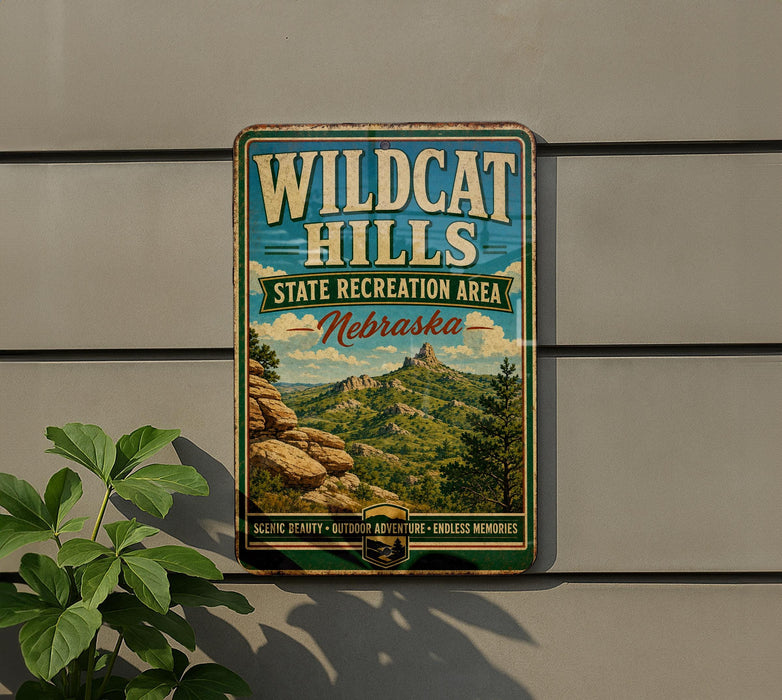 A vintage-style metal sign for Wildcat Hills, a state recreation area in Nebraska, featuring a scenic mountain landscape.