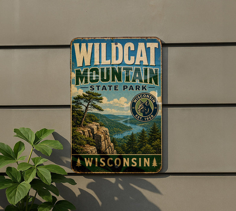 A vintage metal sign for Wildcat Mountain State Park in Wisconsin, featuring a scenic landscape with a mountain, pine trees, and a lake.