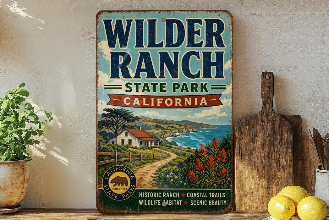 A vintage-style sign for Wilder Ranch State Park in California, featuring a scenic landscape with a house, trees, and a path leading to the ocean.