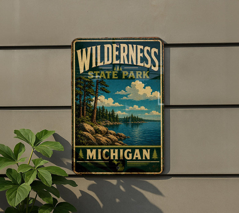 A vintage-style metal sign for Wilderness State Park in Michigan, featuring a scenic landscape with pine trees, a lake, and mountains.
