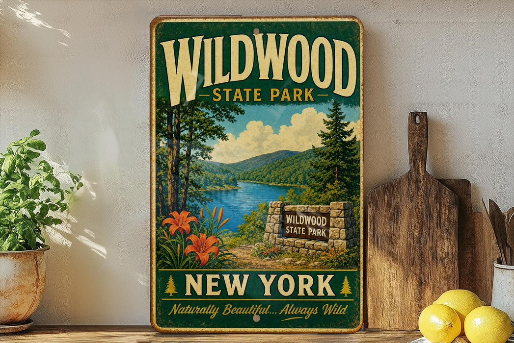 A vintage-style metal sign for Wildwood State Park in New York, featuring a scenic landscape with a lake, mountains, and pine trees.