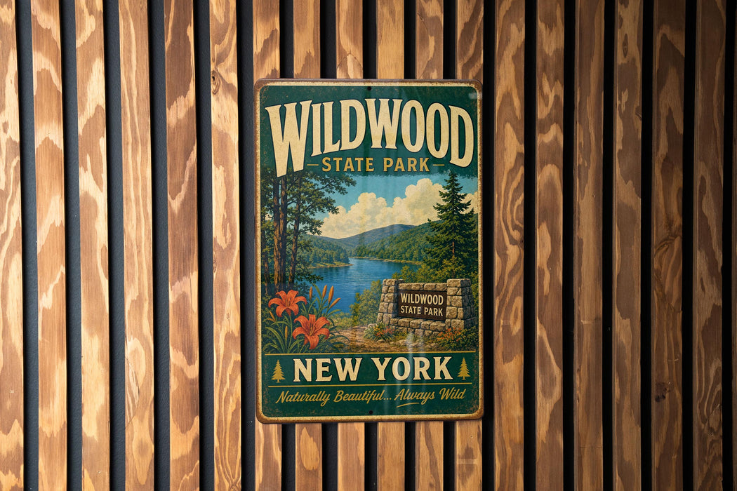 A vintage metal sign for Wildwood State Park in New York, featuring a scenic landscape with a lake, mountains, and pine trees.