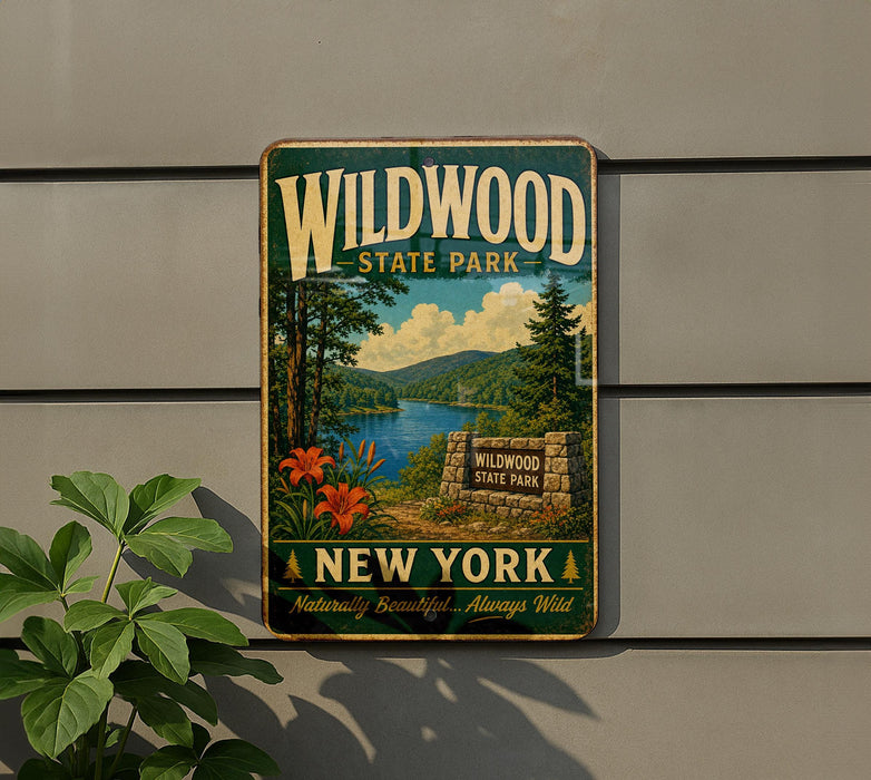 A vintage-style metal sign for Wildwood State Park in New York, featuring a scenic landscape with a lake, mountains, and pine trees.
