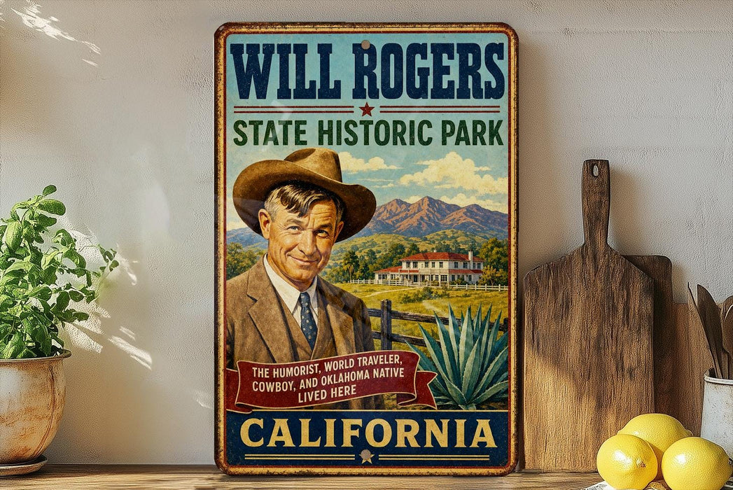 A vintage-style poster of Will Rogers, the famous American actor, is displayed on a wall, with a wooden cutting board and a potted plant in the foreground.