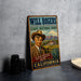 A vintage-style metal sign for Will Rogers State Historic Park in California, featuring a portrait of a man wearing a cowboy hat and a cowboy outfit.