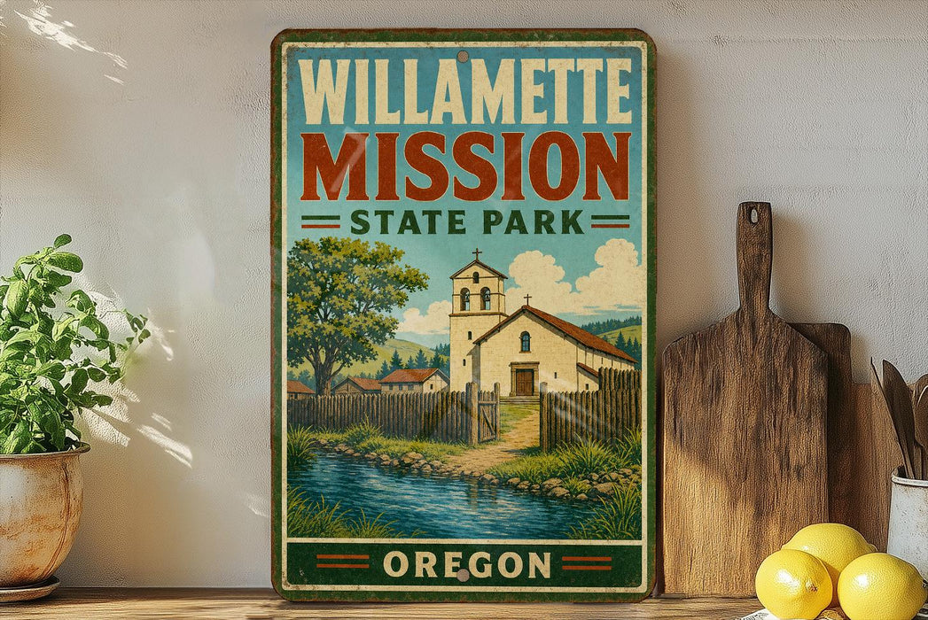A vintage-style poster of Willamette Mission State Park in Oregon, featuring a scenic illustration of a church and a stream, is displayed on a wall next to a wooden cutting board and some potted plants.