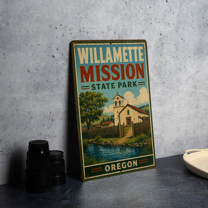 A vintage-style sign for Willamette Mission State Park in Oregon, featuring an illustration of a church and a lake.