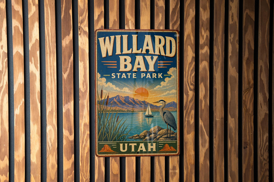 A vintage-style metal sign for Willard Bay State Park in Utah, featuring a scenic landscape with mountains, a lake, and a crane.