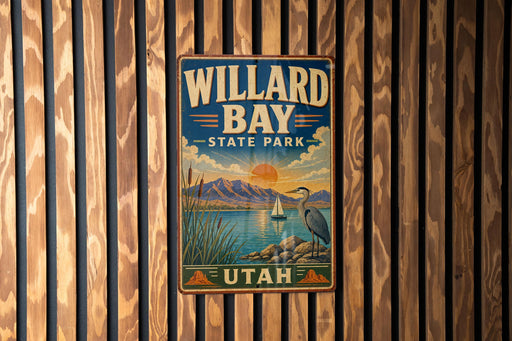 A vintage-style metal sign for Willard Bay State Park in Utah, featuring a scenic landscape with mountains, a lake, and a crane.