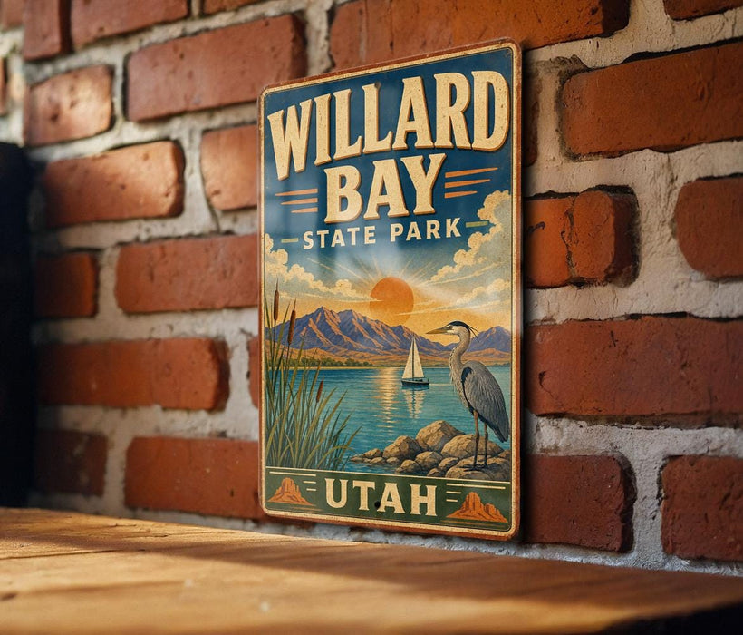A vintage-style metal sign for Willard Bay State Park in Utah, featuring a scenic illustration of a lake, mountains, and a crane.