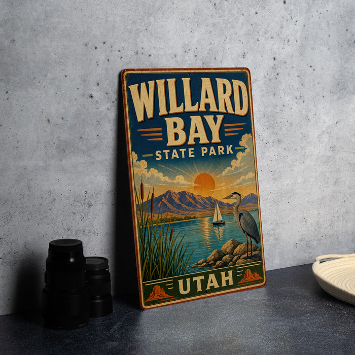 A vintage-style metal sign for Willard Bay State Park in Utah, featuring a scenic landscape with mountains, a lake, and a crane.