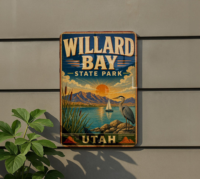 A vintage-style metal sign for Willard Bay State Park in Utah, featuring a scenic landscape with mountains, a lake, and a crane.