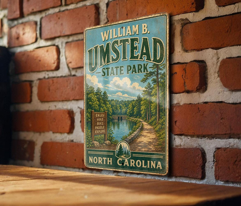 A vintage-style metal sign for William B.UMSTead State Park, featuring a scenic illustration of a forest and a river, mounted on a brick wall.