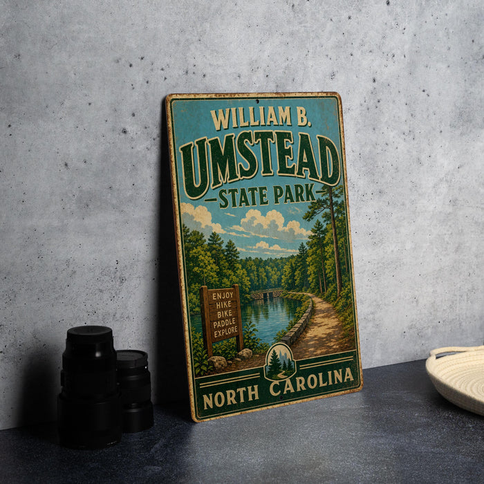 A vintage-style metal sign for William B. Umstead State Park in North Carolina, featuring a scenic illustration of a forest and a winding path.