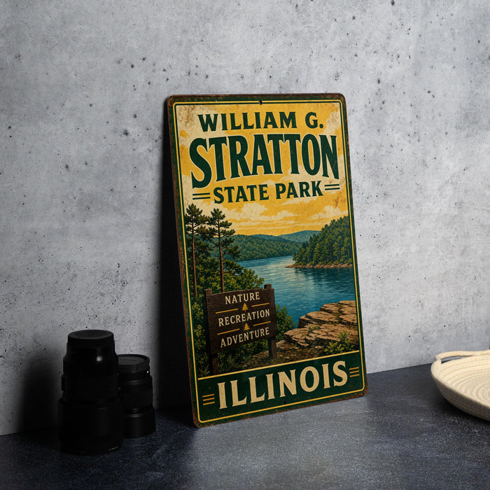 A vintage metal sign for William G. Stratton State Park in Illinois, featuring a scenic landscape with a lake and mountains.