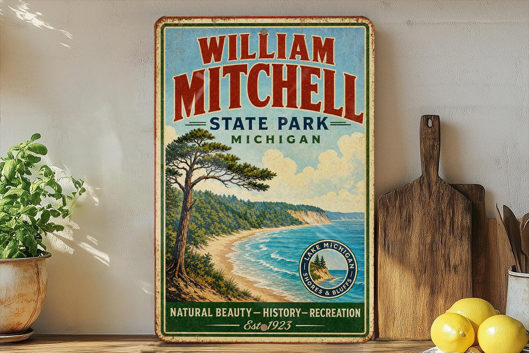 A vintage-style metal sign for William Mitchell State Park in Michigan, featuring a scenic landscape with a pine tree, beach, and ocean.
