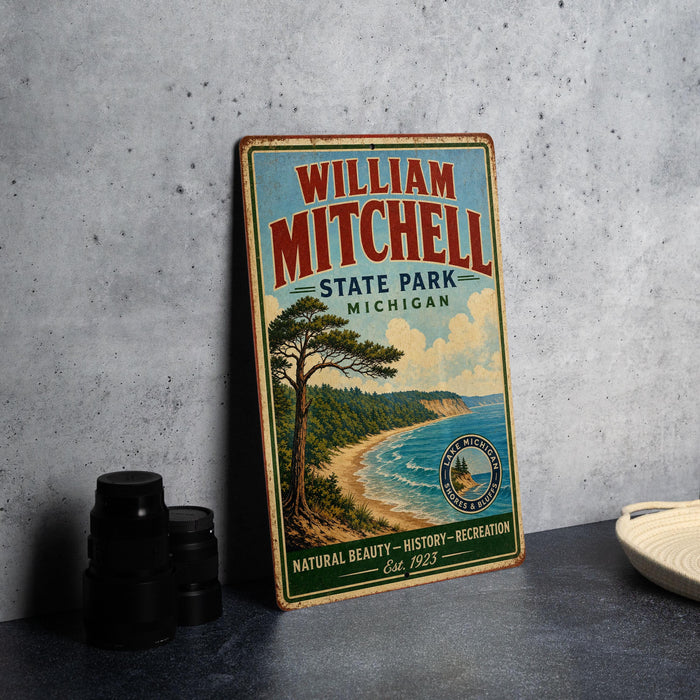 A vintage-style metal sign for William Mitchell State Park in Michigan, featuring a scenic landscape with a pine tree and a body of water.