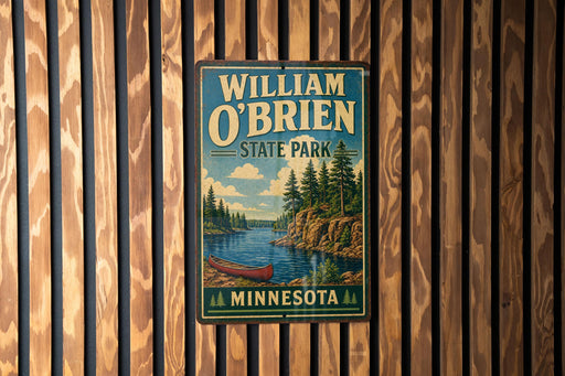 A vintage-style metal sign for William O'Brien State Park in Minnesota, featuring a scenic illustration of a lake, forest, and canoe.
