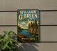 A vintage-style metal sign for William O'Brien State Park in Minnesota, featuring a scenic landscape with a lake, pine trees, and a canoe.