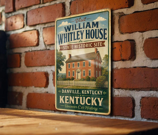 A vintage-style metal sign for the William Whitley House in Danville, Kentucky, is displayed on a brick wall.