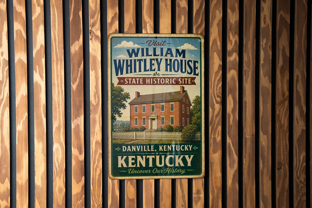 A vintage-style metal sign for the William Whitley House State Historic Site in Danville, Kentucky, with a picture of a historic house and a white picket fence.