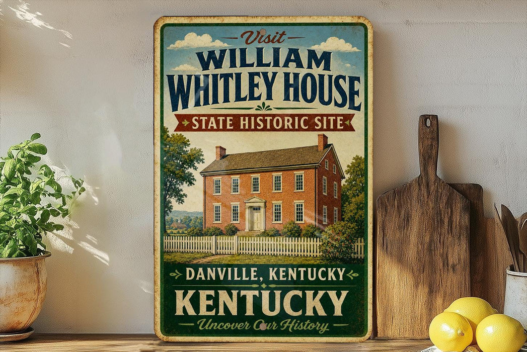 a vintage-style sign for the William Whitley House State Historic Site in Danville, Kentucky, with a wooden cutting board and a potted plant in the foreground.