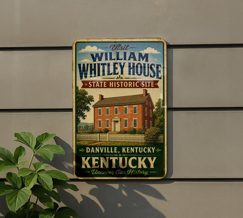 A vintage-style metal sign for the William Whitley House State Historic Site in Danville, Kentucky, with a brick house and trees in the background.