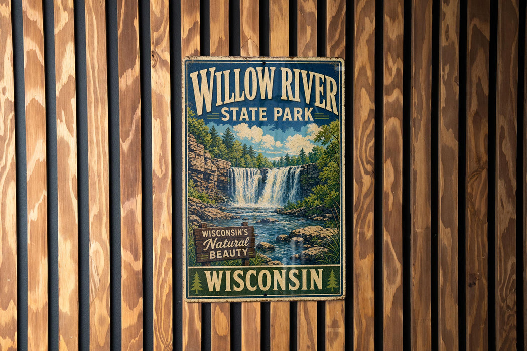 A vintage-style poster for Willow River State Park in Wisconsin, featuring a waterfall and forest scenery.