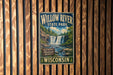 A vintage-style poster for Willow River State Park in Wisconsin, featuring a waterfall and forest scenery.