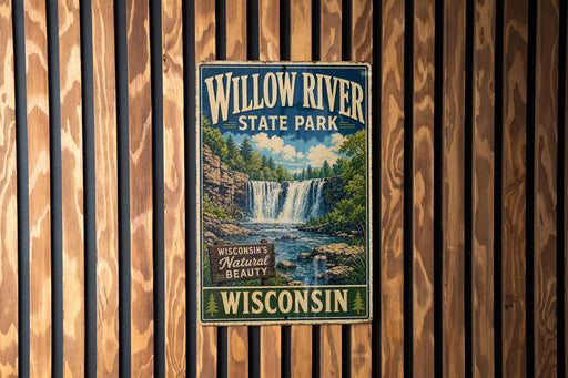 A vintage-style poster for Willow River State Park in Wisconsin, featuring a waterfall and forest scenery.