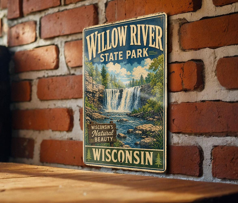 A vintage-style metal sign for Willow River State Park in Wisconsin, featuring a scenic illustration of a waterfall surrounded by lush greenery.