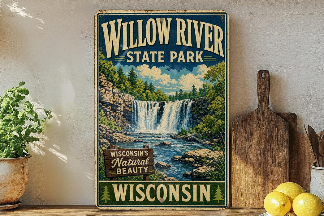 A vintage-style sign for Willow River State Park in Wisconsin, featuring a waterfall and lush greenery.