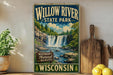 A vintage-style sign for Willow River State Park in Wisconsin, featuring a waterfall and lush greenery.