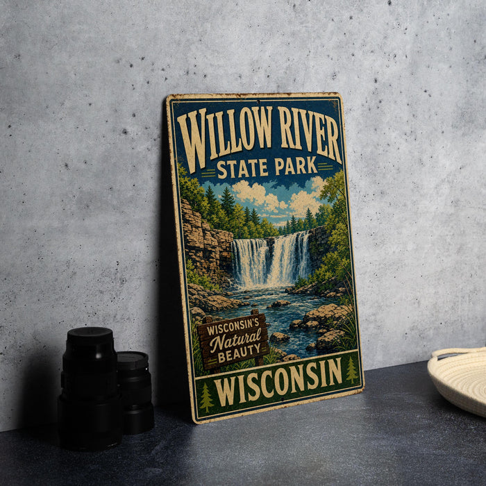 A vintage-style metal sign for Willow River State Park in Wisconsin, featuring a waterfall and lush greenery.