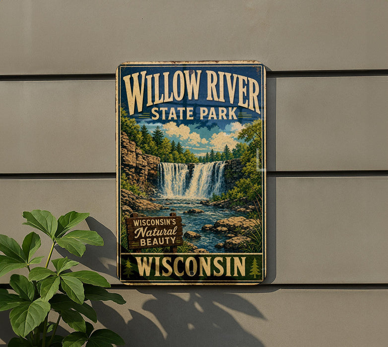 A vintage-style sign for Willow River State Park in Wisconsin, featuring a waterfall and lush greenery.